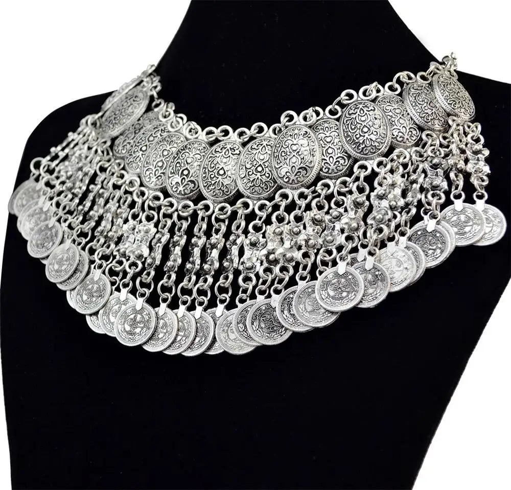Turkish Gypsy Coin Tassel Choker Necklaces for Women Boho Big Vintage Metal Collar Chunky Necklace Tribal Party Jewelry Gift