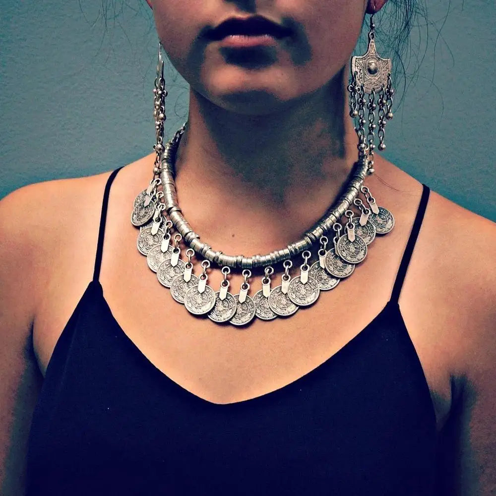 Afghan Vintage Silver Color Metal Coin Tassel Statement Collar Necklaces Bracelets Earrings Sets for Women Boho Tribal Party