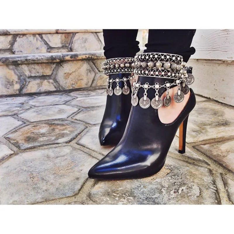 Vintage Tibetan Silver Color Metal Anklets Charm Coin Pendant Foot Bracelets For Women Boho Party Beach Indian Jewelry pulseira