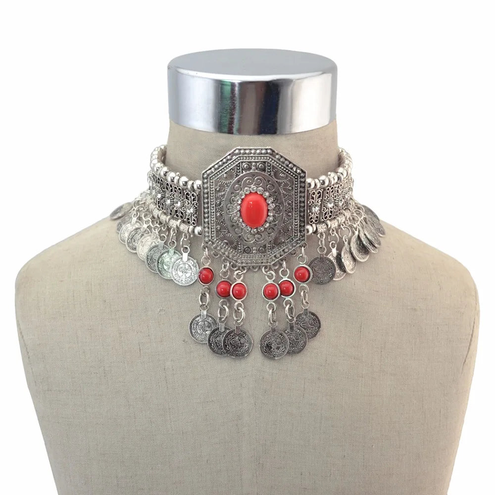 Gypsy Turkish Boho Antique Red Green Stone Choker Necklace