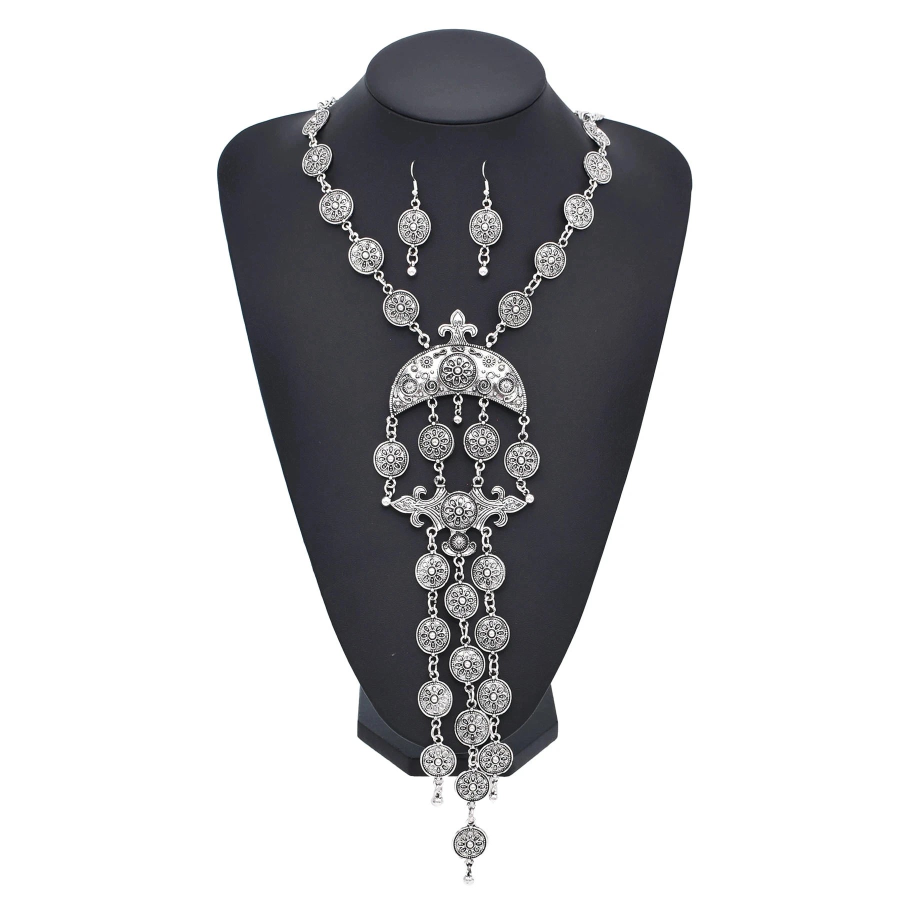 Boho Ethnic Vintage Coin Tassel Earrings and Necklace Pendant Coin Chains Jewelry Set for Women Girls Birthday Gift