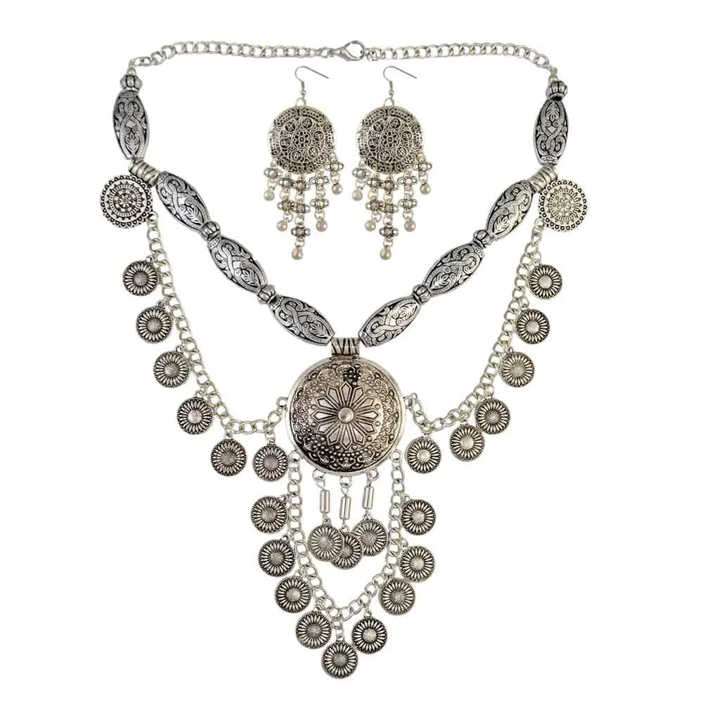 Afghan Vintage Silver Color Metal Coin Necklaces Earrings Sets for Women Boho Turkish Choker Coin Necklaces Female Jewelry Sets