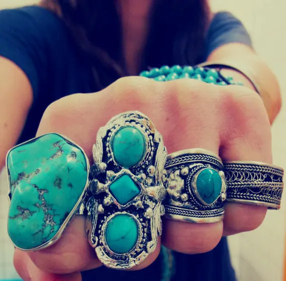 Vintage Tibet Boho Metal Opal Green Stone Ring Adjustable For Women Party Turquoises Antique Big Oval Carved Flower Rings Indian