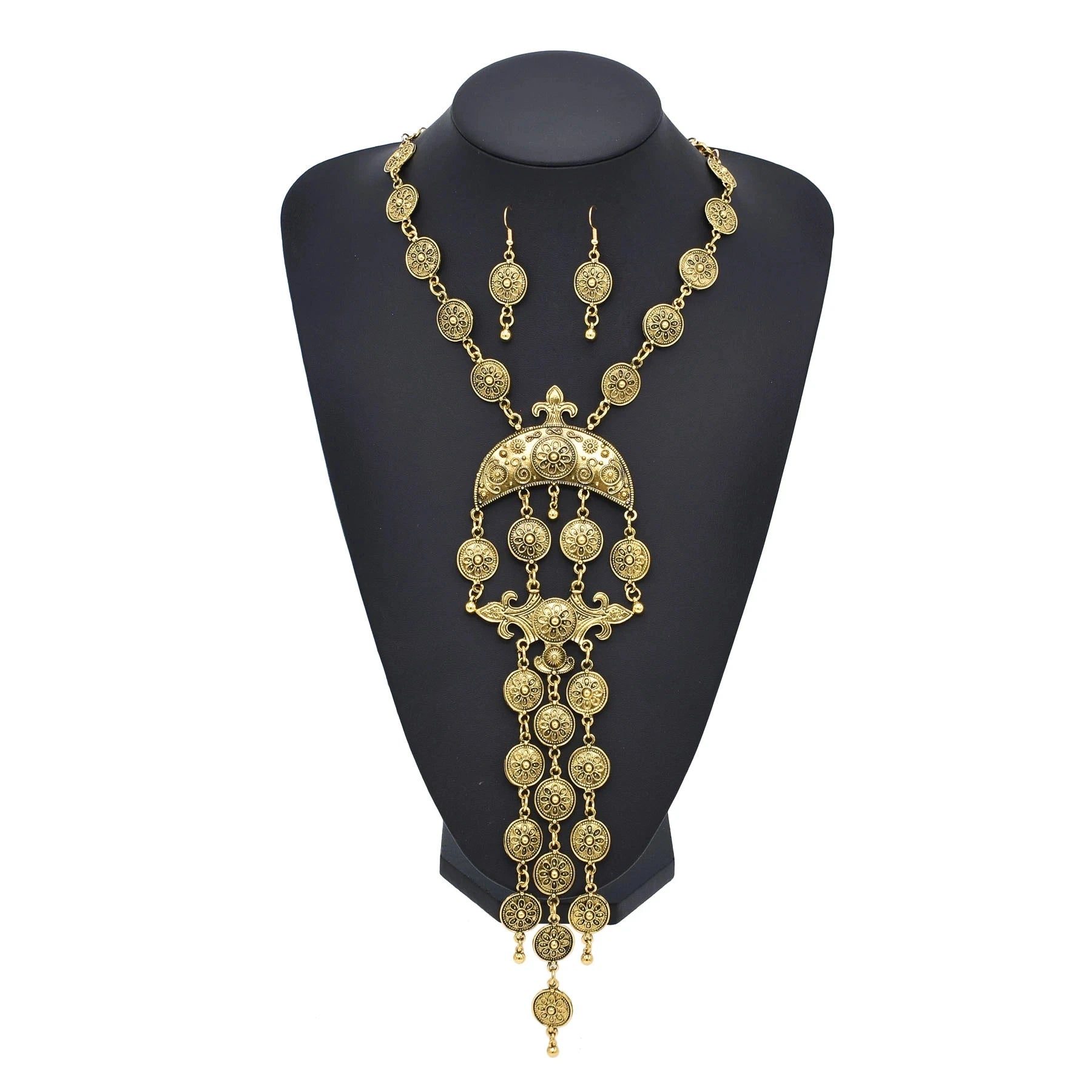 Boho Ethnic Vintage Coin Tassel Earrings and Necklace Pendant Coin Chains Jewelry Set for Women Girls Birthday Gift