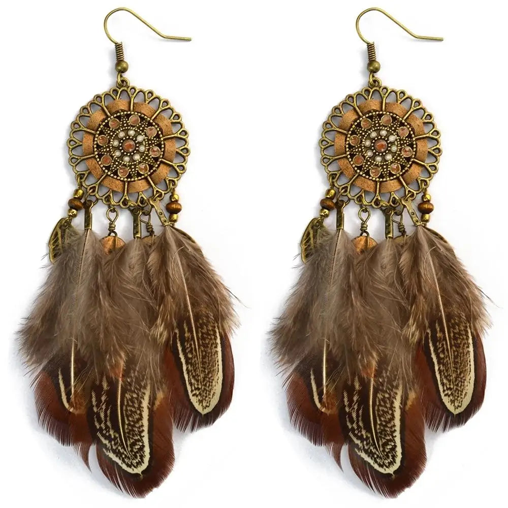Fashion Long Tassel Brown Feather Bride Wedding Earrings