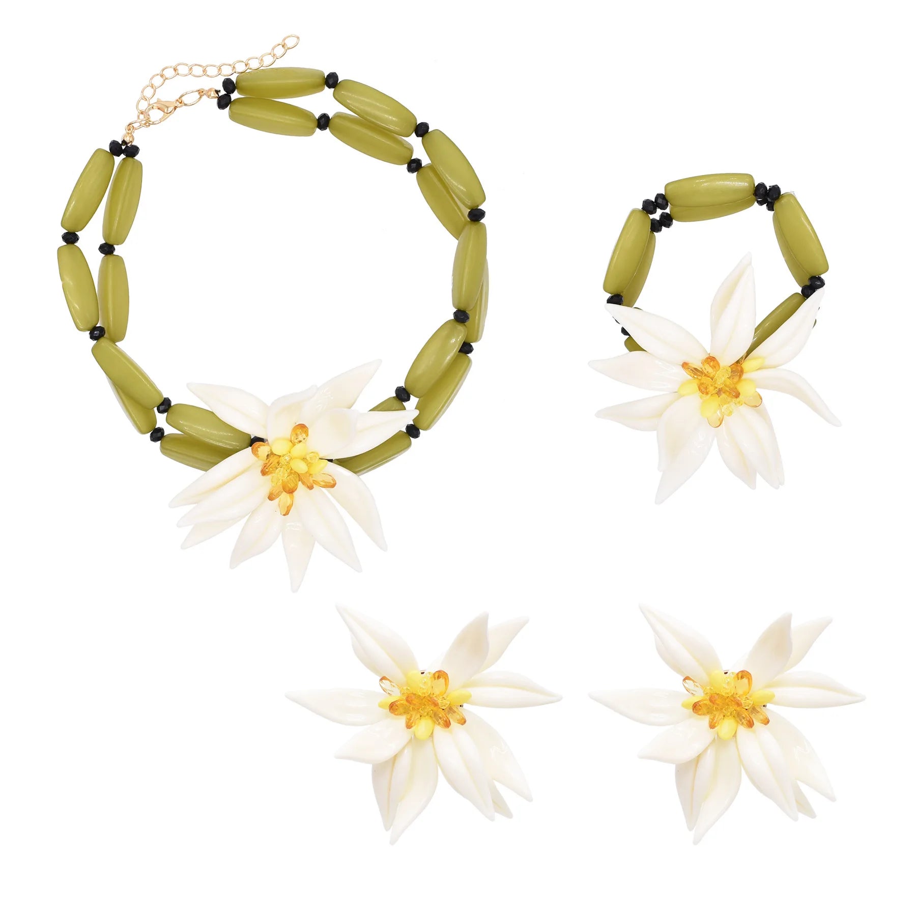 New Bamboo Flower Jewelry Set with Vacation Style Acrylic Flower Earrings Bracelet Necklace Three Piece Set High Luxury