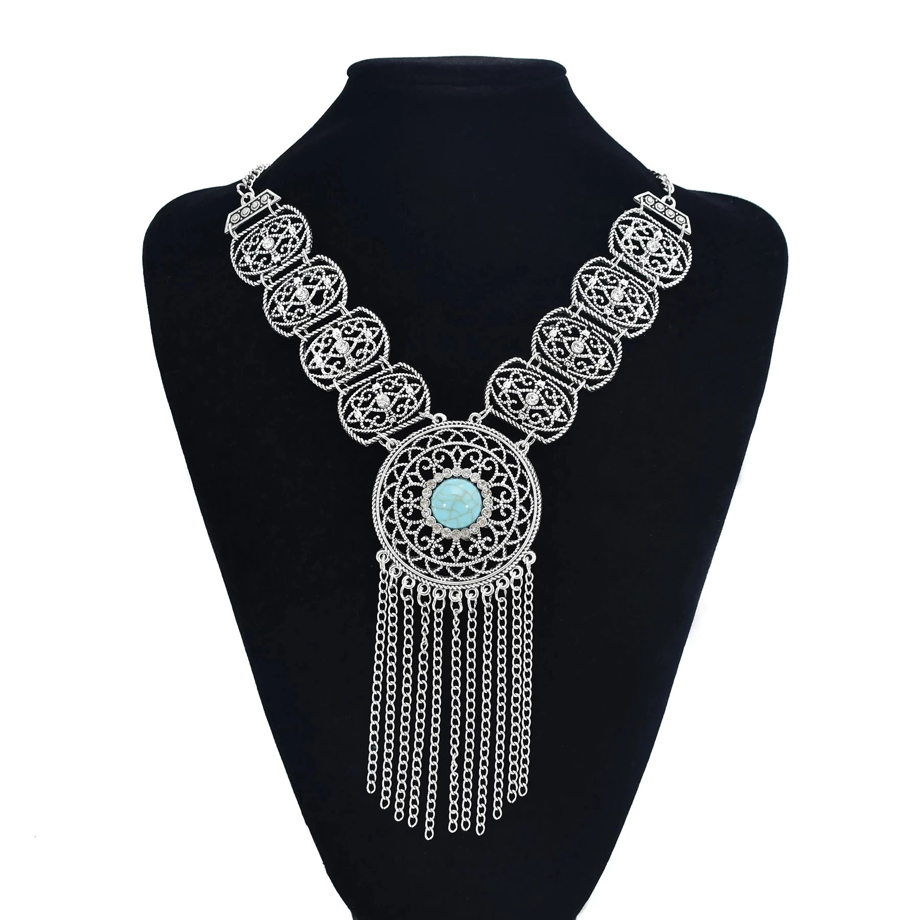 Gypsy Red Blue Stone Vintage Long Tassel Necklaces for Women Boho Turkish Tribal Afghan Hollow Flower Necklace Party Jewelry