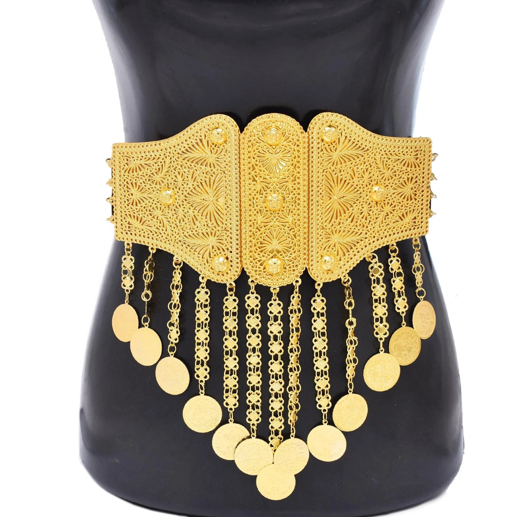 Indian Arab Metal Waist Chain Large French Coin Waist Belt Carved Flower Belly Chains Algeria Traditional Holiday Party Jewelry