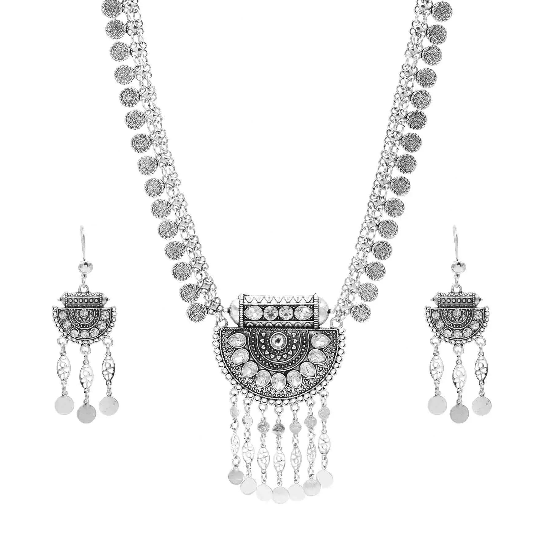 Fashion Vintage Ethnic Clear Rhinestone Long Tassel Drop Pendant Necklace Dangle Earring Jewelry Set for Women Party