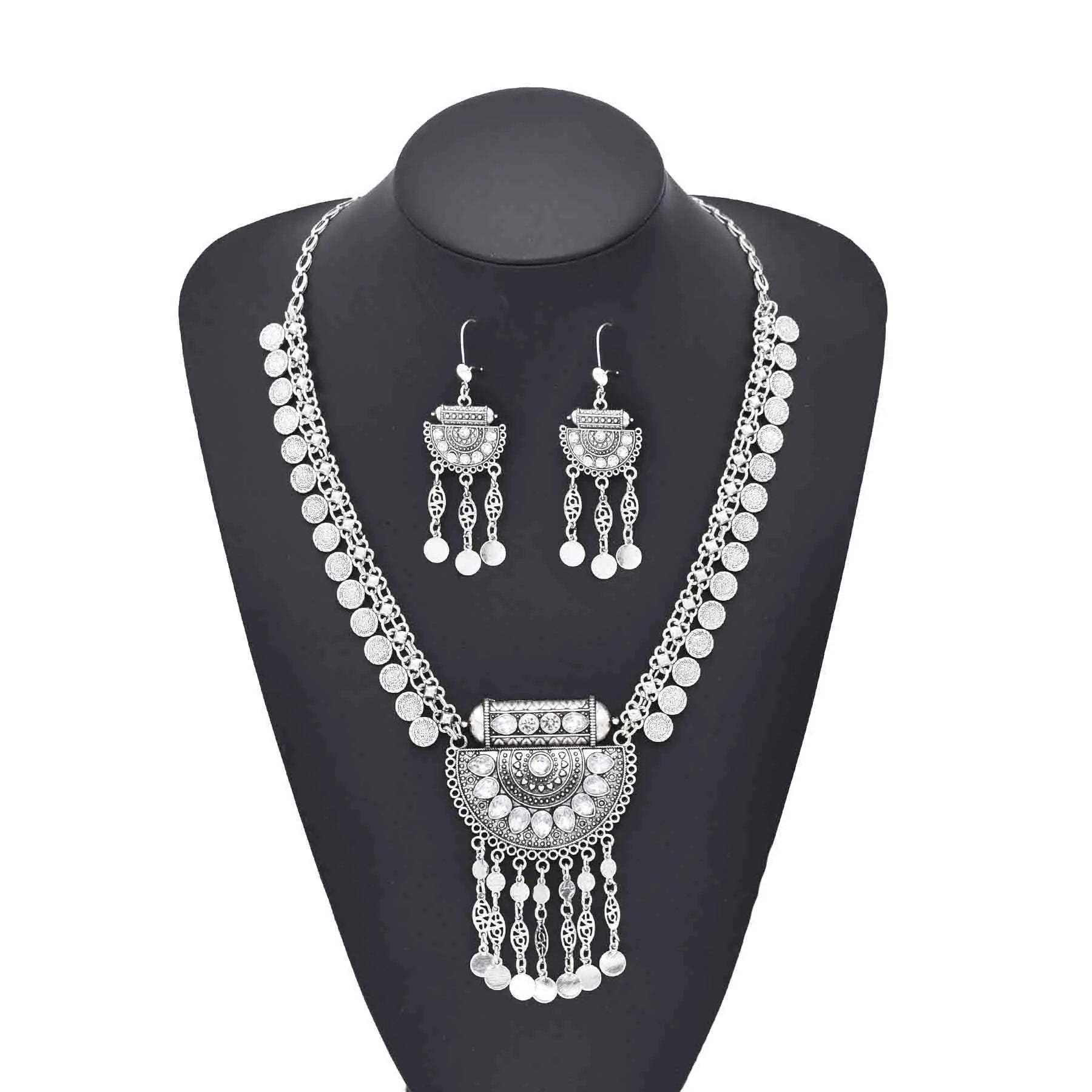 Fashion Vintage Ethnic Clear Rhinestone Long Tassel Drop Pendant Necklace Dangle Earring Jewelry Set for Women Party