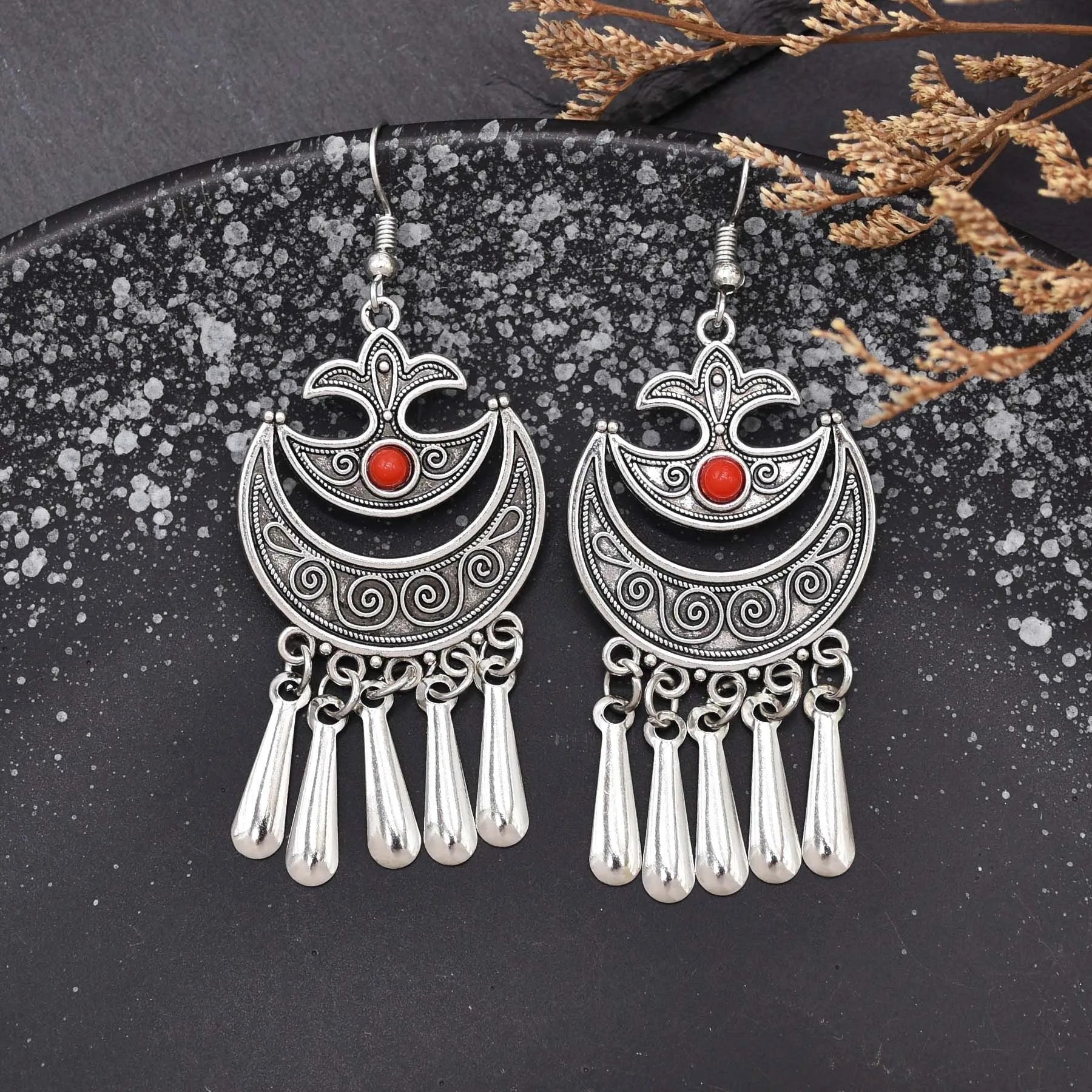 Indian Vintage Oxidized Silver Color Metal Drop Earrings for Women Boho Blue Black Stone Hanging Earrings Arab Ethnic Jewelry